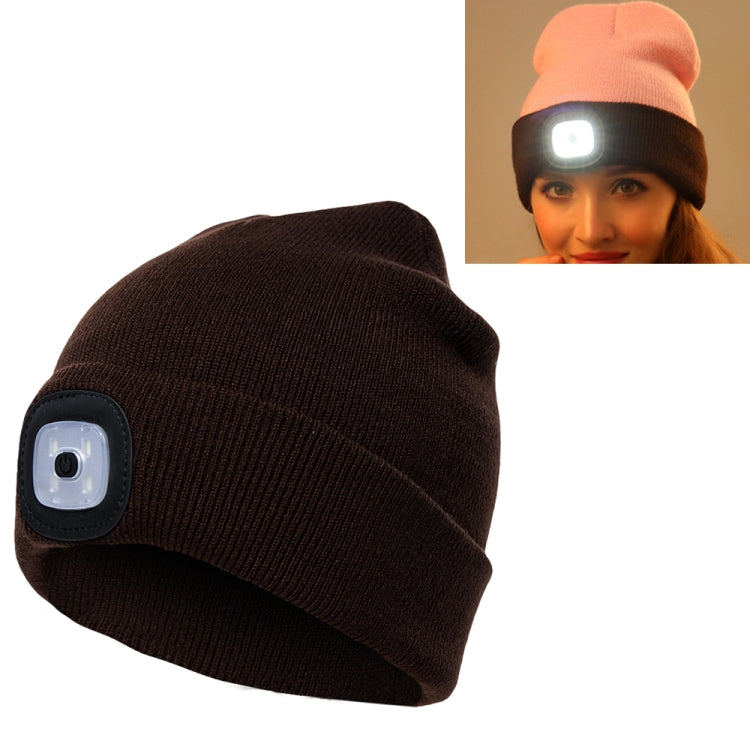 Unisex Warm Winter Polyacrylonitrile Knit Hat Adult Head Cap with 4 LED Lights, USB Type