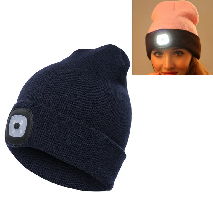 Unisex Warm Winter Polyacrylonitrile Knit Hat Adult Head Cap with 4 LED Lights, USB Type