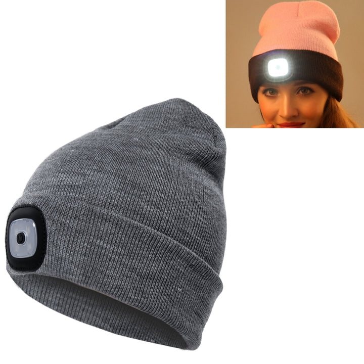 Unisex Warm Winter Polyacrylonitrile Knit Hat Adult Head Cap with 4 LED Lights, USB Type