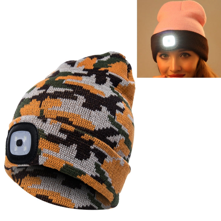 Unisex Warm Winter Polyacrylonitrile Knit Hat Adult Head Cap with 4 LED Lights, USB Type