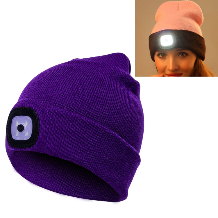 Unisex Warm Winter Polyacrylonitrile Knit Hat Adult Head Cap with 4 LED Lights, USB Type