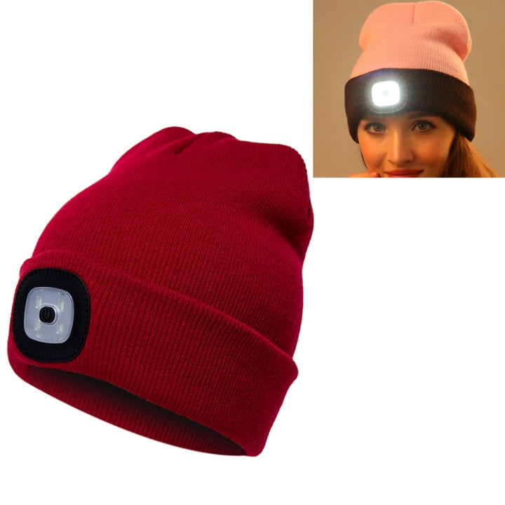 Unisex Warm Winter Polyacrylonitrile Knit Hat Adult Head Cap with 4 LED Lights, USB Type