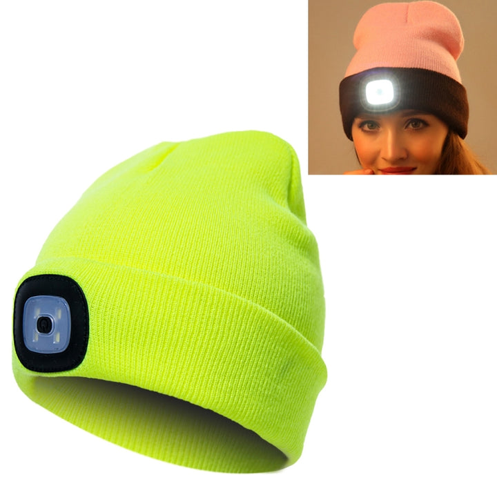 Unisex Warm Winter Polyacrylonitrile Knit Hat Adult Head Cap with 4 LED Lights, USB Type