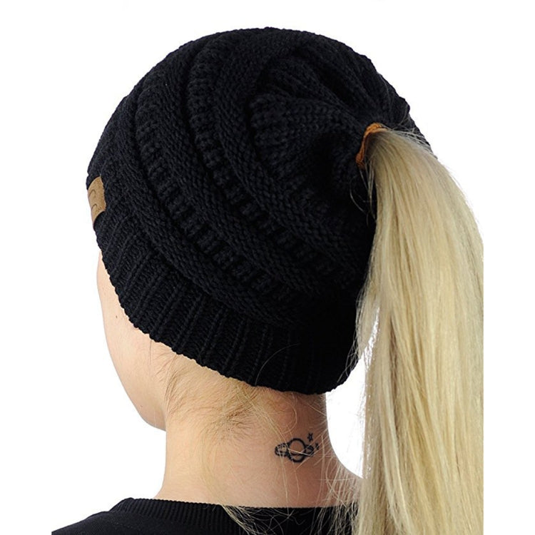 CC Letter Ponytail Cap Knitting Hat for Ladies, Red, Baby Blue, White, Wine Red, Brown, Black, Grey, Magenta, Black+Grey