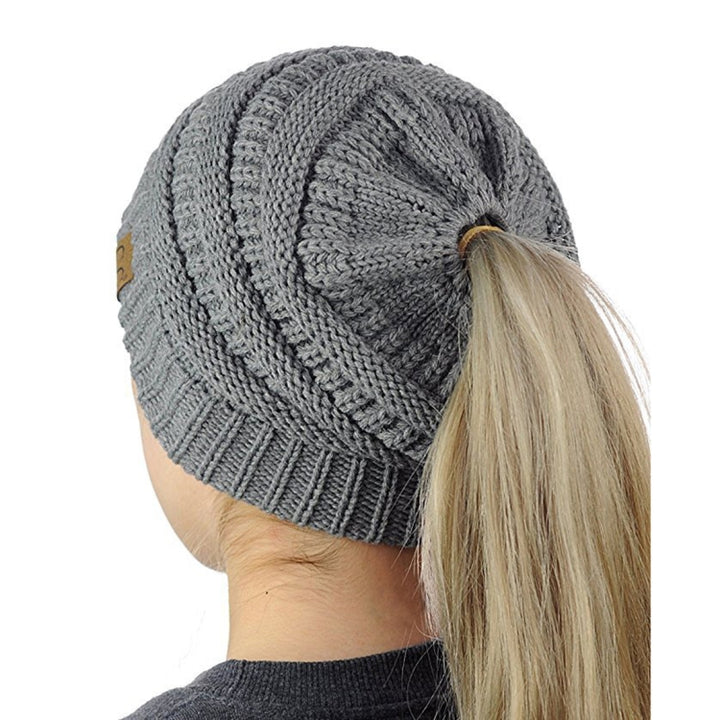 CC Letter Ponytail Cap Knitting Hat for Ladies, Red, Baby Blue, White, Wine Red, Brown, Black, Grey, Magenta, Black+Grey