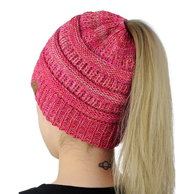 CC Letter Ponytail Cap Knitting Hat for Ladies, Red, Baby Blue, White, Wine Red, Brown, Black, Grey, Magenta, Black+Grey