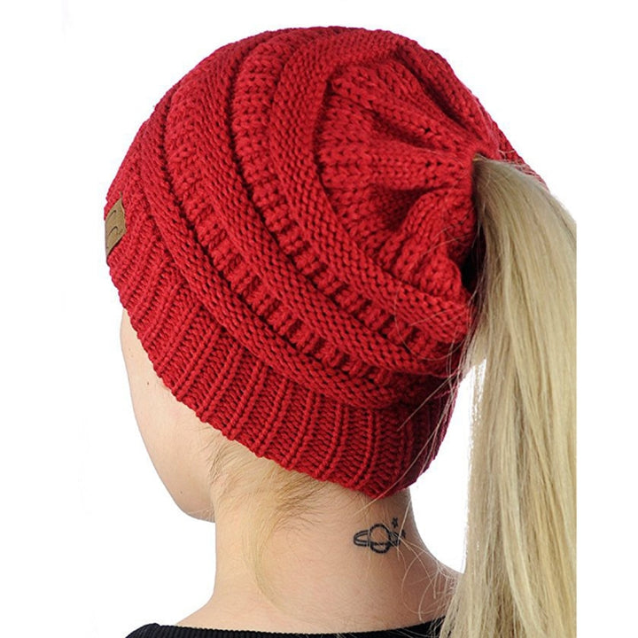 CC Letter Ponytail Cap Knitting Hat for Ladies, Red, Baby Blue, White, Wine Red, Brown, Black, Grey, Magenta, Black+Grey