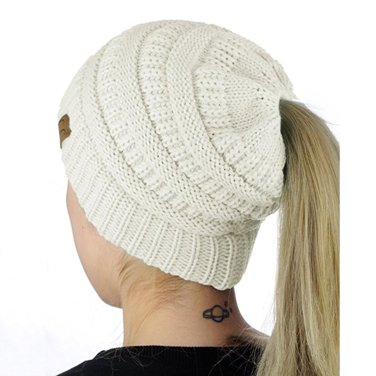 CC Letter Ponytail Cap Knitting Hat for Ladies, Red, Baby Blue, White, Wine Red, Brown, Black, Grey, Magenta, Black+Grey