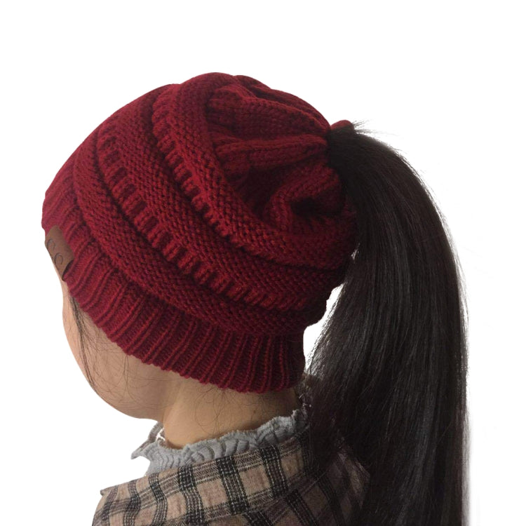 CC Letter Ponytail Cap Knitting Hat for Ladies, Red, Baby Blue, White, Wine Red, Brown, Black, Grey, Magenta, Black+Grey