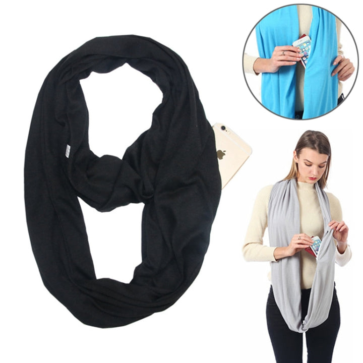 Women Solid Winter Infinity Scarf Pocket Loop Zipper Pocket Scarves