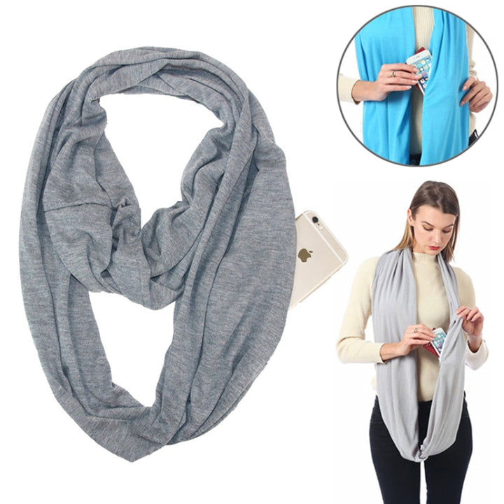 Women Solid Winter Infinity Scarf Pocket Loop Zipper Pocket Scarves