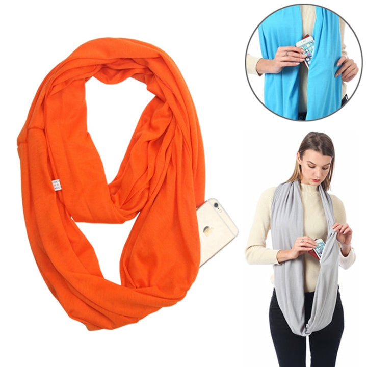 Women Solid Winter Infinity Scarf Pocket Loop Zipper Pocket Scarves