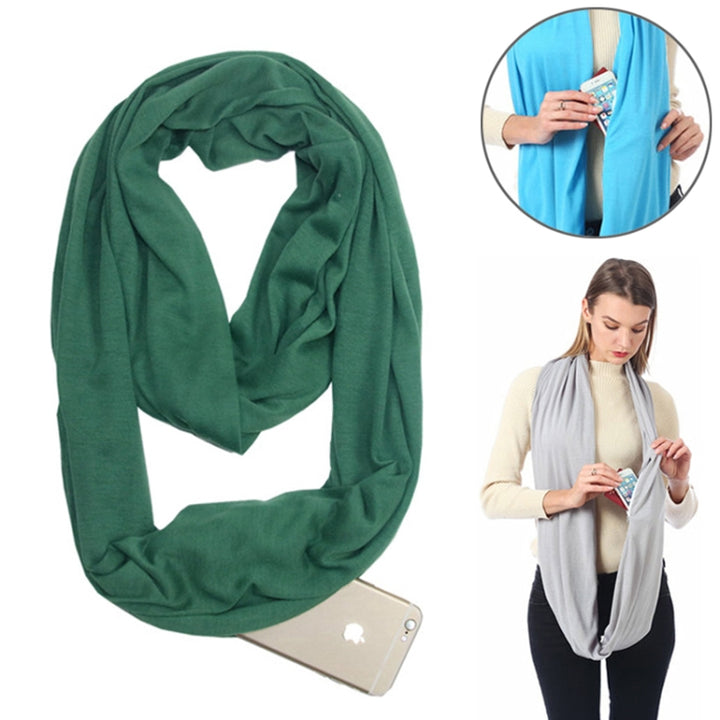 Women Solid Winter Infinity Scarf Pocket Loop Zipper Pocket Scarves