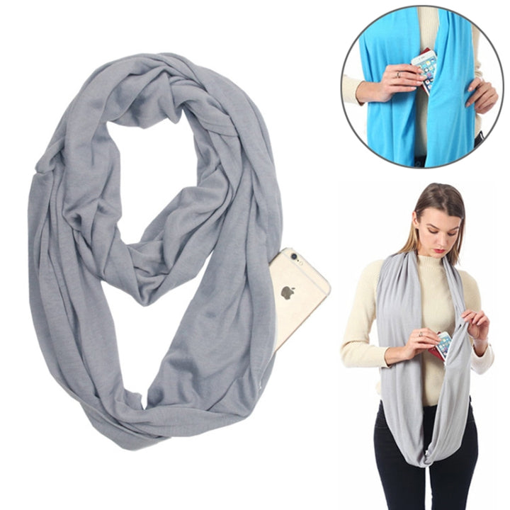 Women Solid Winter Infinity Scarf Pocket Loop Zipper Pocket Scarves