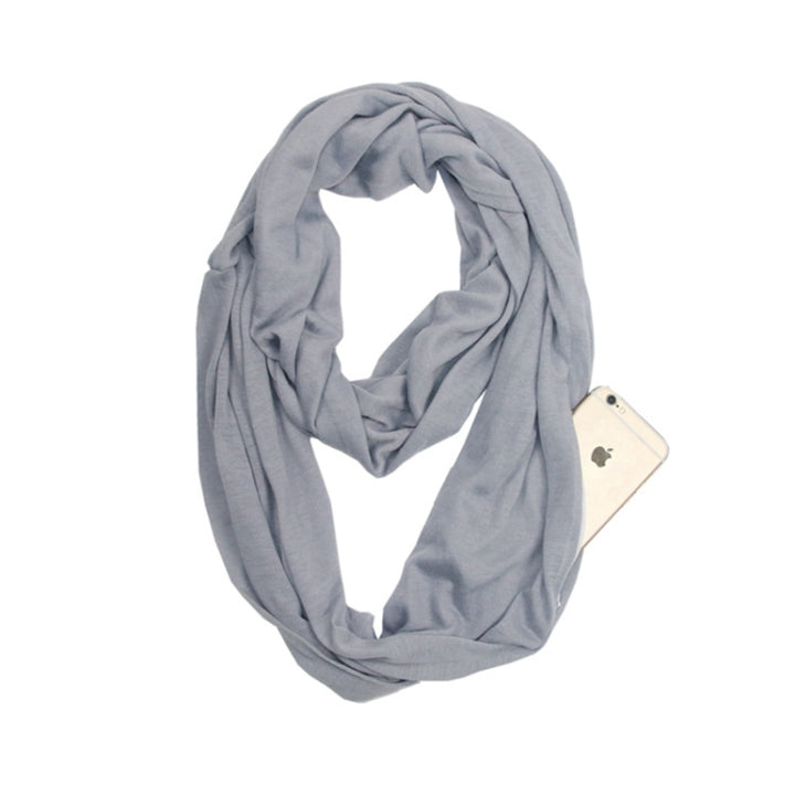 Women Solid Winter Infinity Scarf Pocket Loop Zipper Pocket Scarves