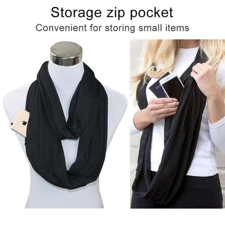 Women Solid Winter Infinity Scarf Pocket Loop Zipper Pocket Scarves