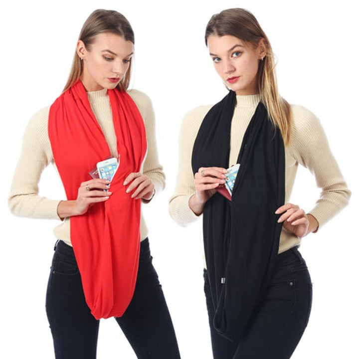 Women Solid Winter Infinity Scarf Pocket Loop Zipper Pocket Scarves