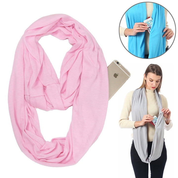 Women Solid Winter Infinity Scarf Pocket Loop Zipper Pocket Scarves