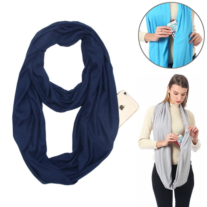 Women Solid Winter Infinity Scarf Pocket Loop Zipper Pocket Scarves