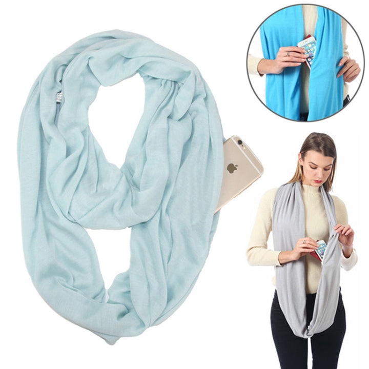 Women Solid Winter Infinity Scarf Pocket Loop Zipper Pocket Scarves