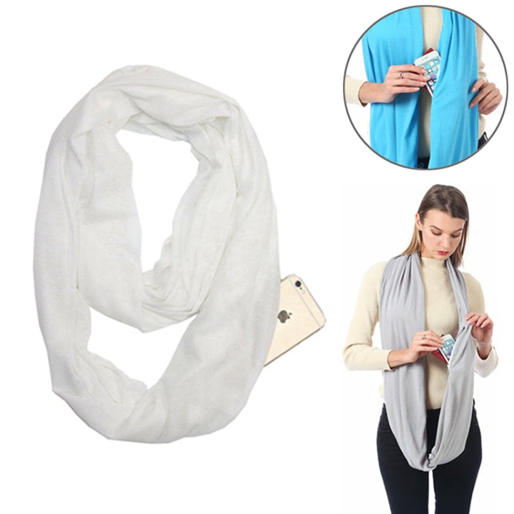 Women Solid Winter Infinity Scarf Pocket Loop Zipper Pocket Scarves