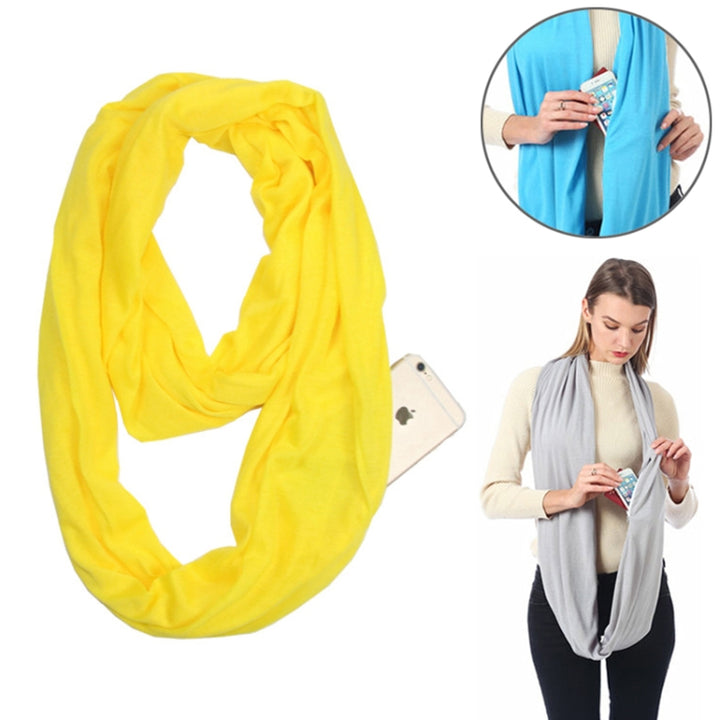 Women Solid Winter Infinity Scarf Pocket Loop Zipper Pocket Scarves