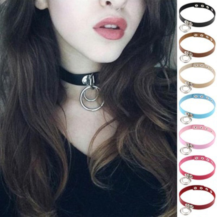 2 PCS European and American Rock Punk Nightclub Street Dancing Dual-ring Leather Collar Necklace, Random Color Delivery, DHXQ02