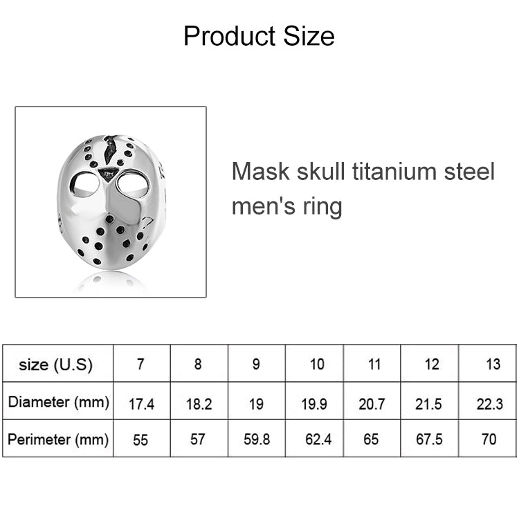 Europe and America Style Punk Gothic Rock Mask Skull Men Titanium Steel Ring, US Size: 10, Diameter: 19.9mm, Perimeter: 62.4mm, Diameter: 19.9mm