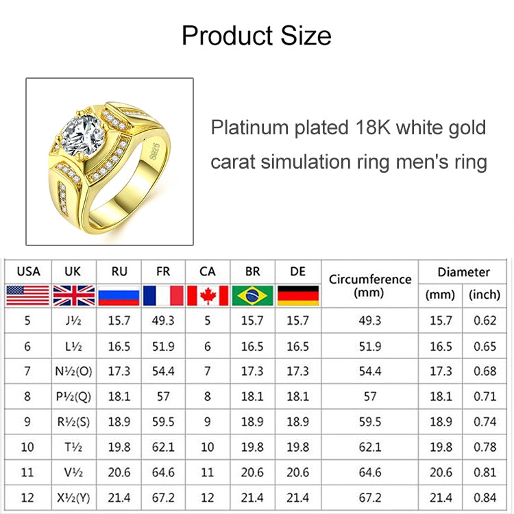 Fashion Businessman 18K White Gold Plated + AAA Zircon Men Diamond Ring, Size: 7, Diameter: 17.3mm, Perimeter: 54.5mm, Diameter: 17.3mm