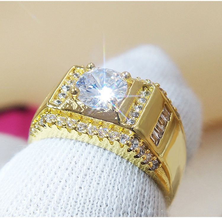 Fashion New Style Gold Plated + AAA Zircon Inlaid Rhinestone Men Diamond Ring, Size: 7, Diameter: 17.3mm, Perimeter: 54.4mm, Diameter: 17.3mm