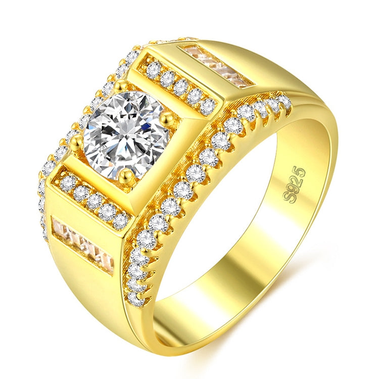 Fashion New Style Gold Plated + AAA Zircon Inlaid Rhinestone Men Diamond Ring, Size: 9, Diameter: 18.9mm, Perimeter: 59.5mm, Diameter: 18.9mm