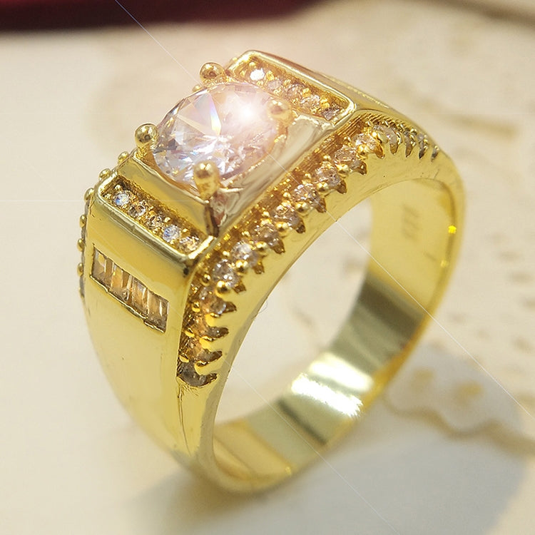 Fashion New Style Gold Plated + AAA Zircon Inlaid Rhinestone Men Diamond Ring, Size: 9, Diameter: 18.9mm, Perimeter: 59.5mm, Diameter: 18.9mm