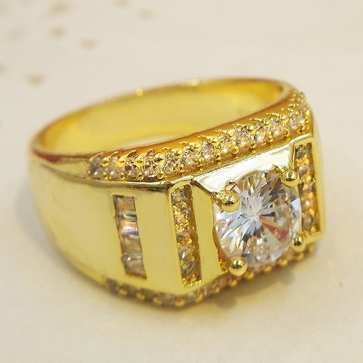 Fashion New Style Gold Plated + AAA Zircon Inlaid Rhinestone Men Diamond Ring, Size: 9, Diameter: 18.9mm, Perimeter: 59.5mm, Diameter: 18.9mm