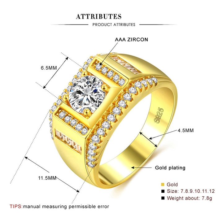 Fashion New Style Gold Plated + AAA Zircon Inlaid Rhinestone Men Diamond Ring, Size: 9, Diameter: 18.9mm, Perimeter: 59.5mm, Diameter: 18.9mm