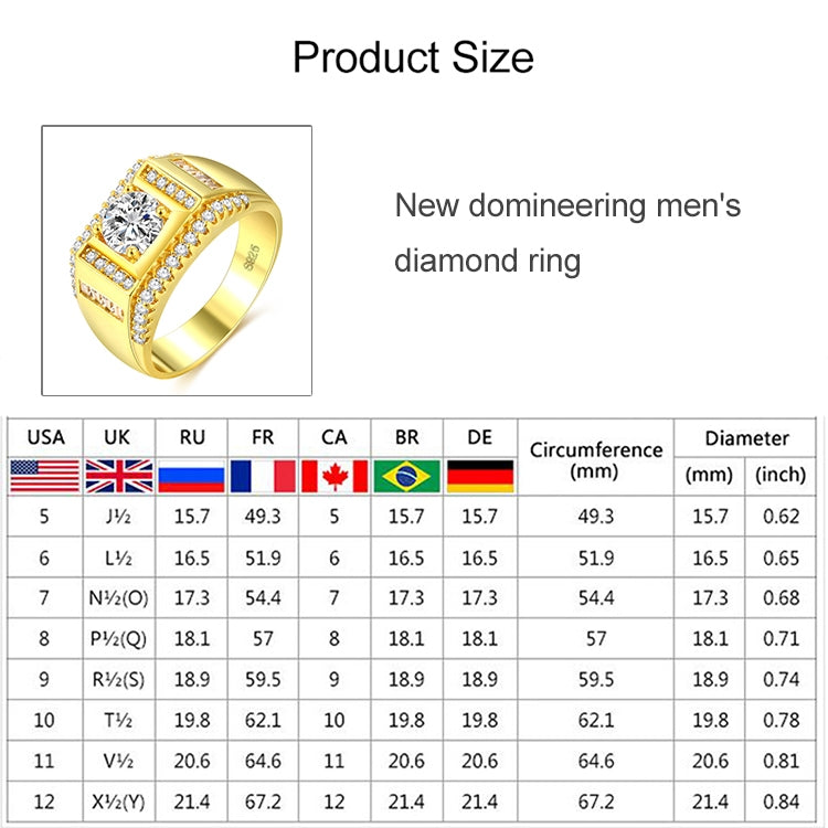 Fashion New Style Gold Plated + AAA Zircon Inlaid Rhinestone Men Diamond Ring, Size: 9, Diameter: 18.9mm, Perimeter: 59.5mm, Diameter: 18.9mm