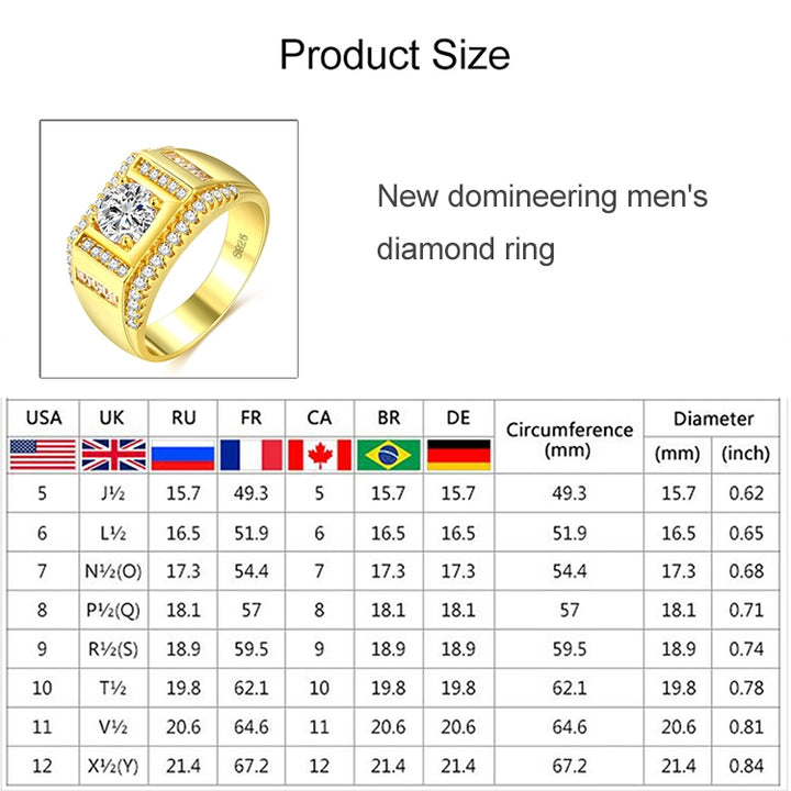 Fashion New Style Gold Plated + AAA Zircon Inlaid Rhinestone Men Diamond Ring, Size: 11, Diameter: 20.6mm, Perimeter: 64.6mm, Diameter: 20.6mm