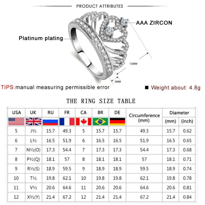 Princess Queen Crown-shaped Platinum Plated Zircon Ring, US Size: 5, Diameter: 15.7mm, Perimeter: 49.3mm, 5