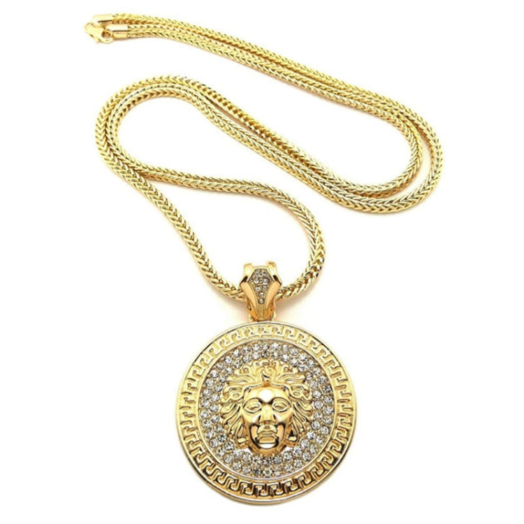 Hip Hop Round Medusa Head Zircon Rhinestone Pendant Clavicle Chain Necklace for Men, Chain Length: 90cm, Length: 90cm Gold, Length: 90cm Silver