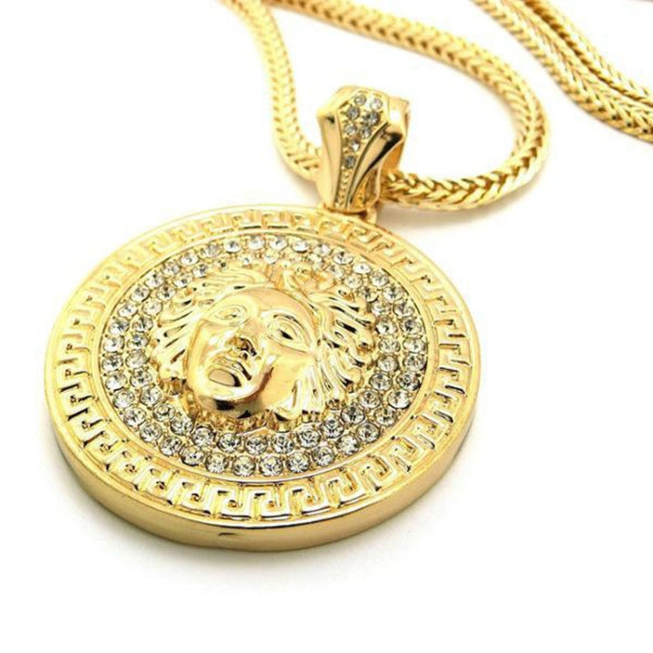 Hip Hop Round Medusa Head Zircon Rhinestone Pendant Clavicle Chain Necklace for Men, Chain Length: 90cm, Length: 90cm Gold, Length: 90cm Silver