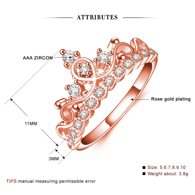 Princess Queen Crown-shaped Rose Gold Plated Zircon Ring, US Size: 5, Diameter: 15.7mm, Perimeter: 49.3mm, 5