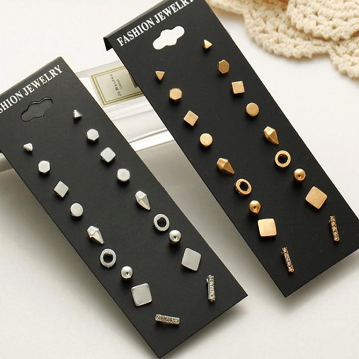 9 Pair Sets Assorted Multiple Stud Earrings Jewelry Set With Card For Women And Girls, Gold, Silver