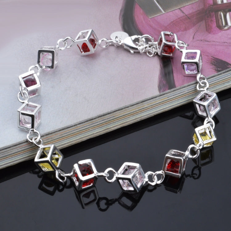 Hollow Checkered Colorful Rhinestone Fashion Silver Bracelet(Silver)