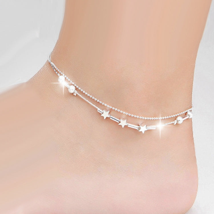 Fashion Jewelry Double Powder Beads and Stars Silver Plated Anklets(Silver)