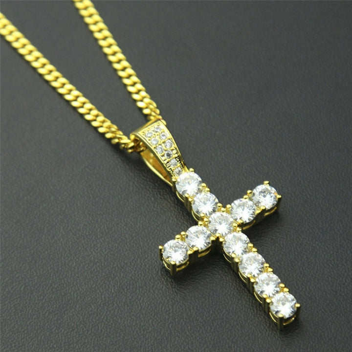 Hip Hop Claw Set Premium Zircon Cross Pendant Necklace(Gold)