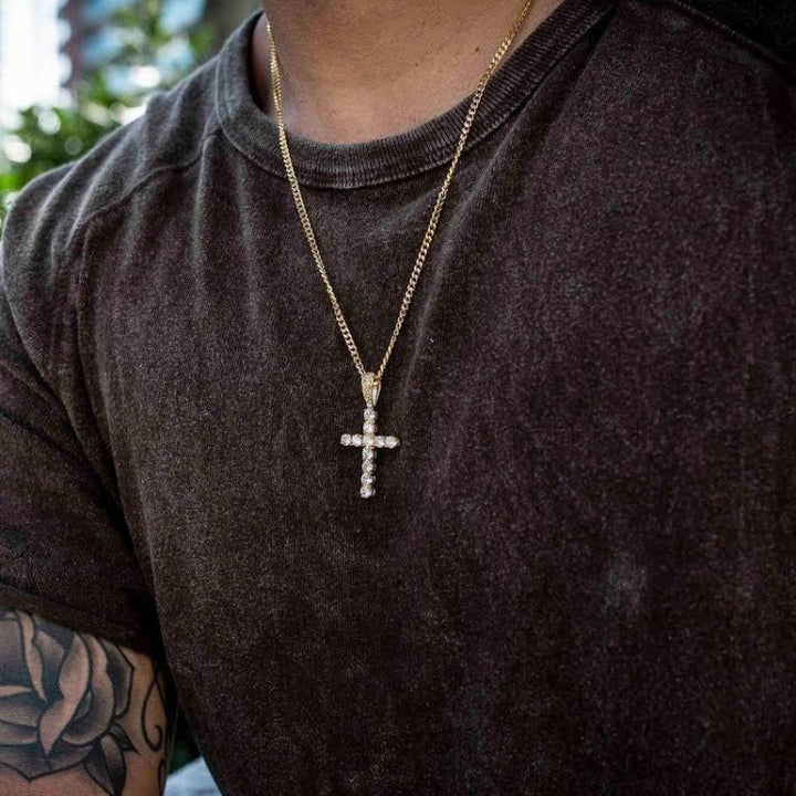 Hip Hop Claw Set Premium Zircon Cross Pendant Necklace(Gold)