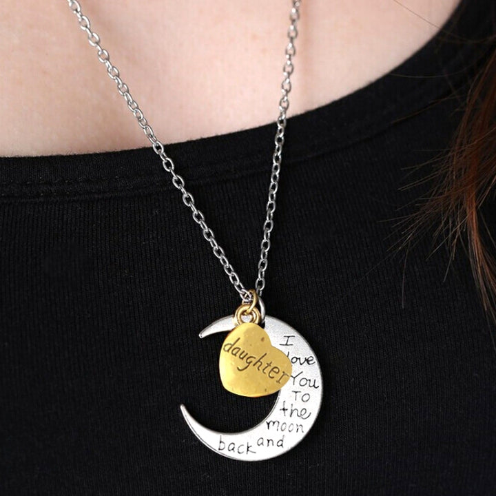 Half-Moon-Shaped Alloy Plated Pendant Necklace With Greetings Engraved At The Backside For Family, Diameter 3cm, Perimeter 9.4cm(Silver+Gold For daughter), For daughter