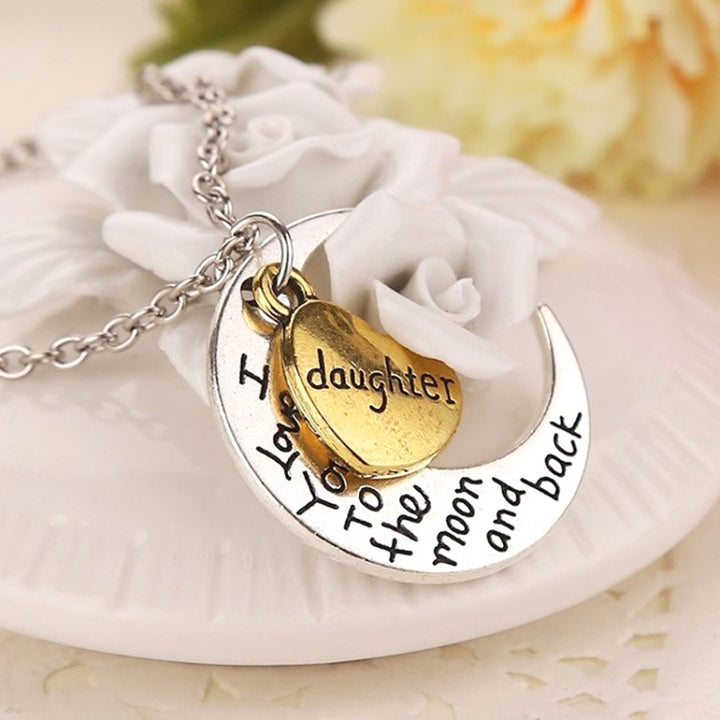 Half-Moon-Shaped Alloy Plated Pendant Necklace With Greetings Engraved At The Backside For Family, Diameter 3cm, Perimeter 9.4cm(Silver+Gold For daughter), For daughter