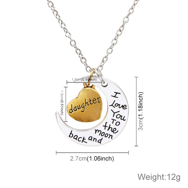 Half-Moon-Shaped Alloy Plated Pendant Necklace With Greetings Engraved At The Backside For Family, Diameter 3cm, Perimeter 9.4cm(Silver+Gold For daughter), For daughter