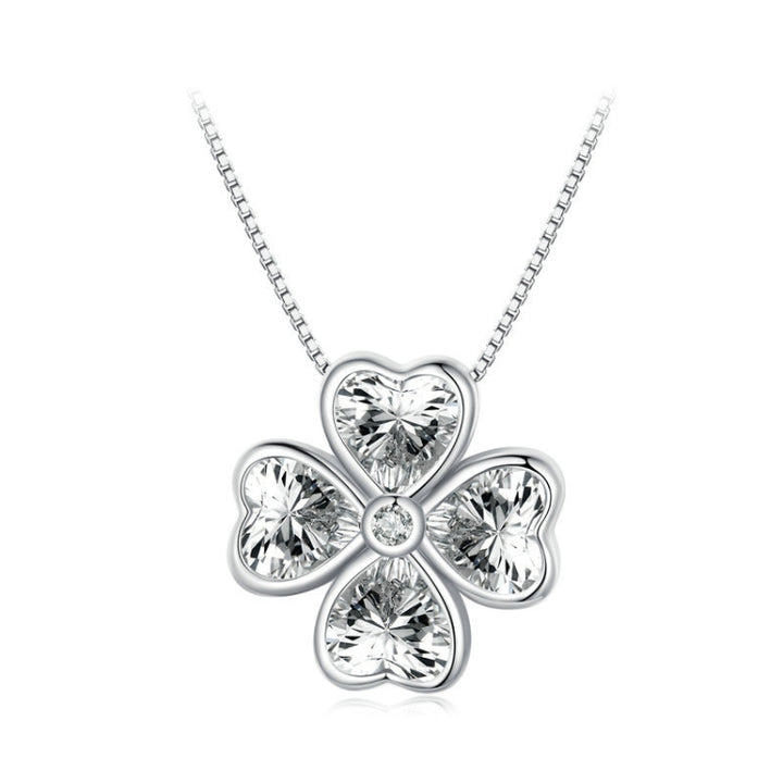 BSN334 Sterling Silver S925 White Gold Plated Lucky Clover Pendant Necklace, BSN334