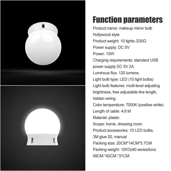 120LM 7000K USB Charging Hollywood Style Cosmetic Lighted Bulb Dresser Lamp, Cable Length: 4.6m, DC 5V